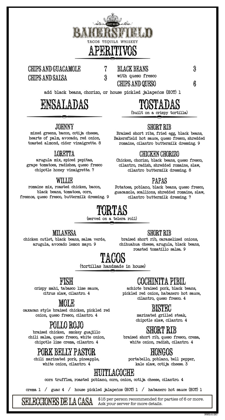 Bakersfield Menu.